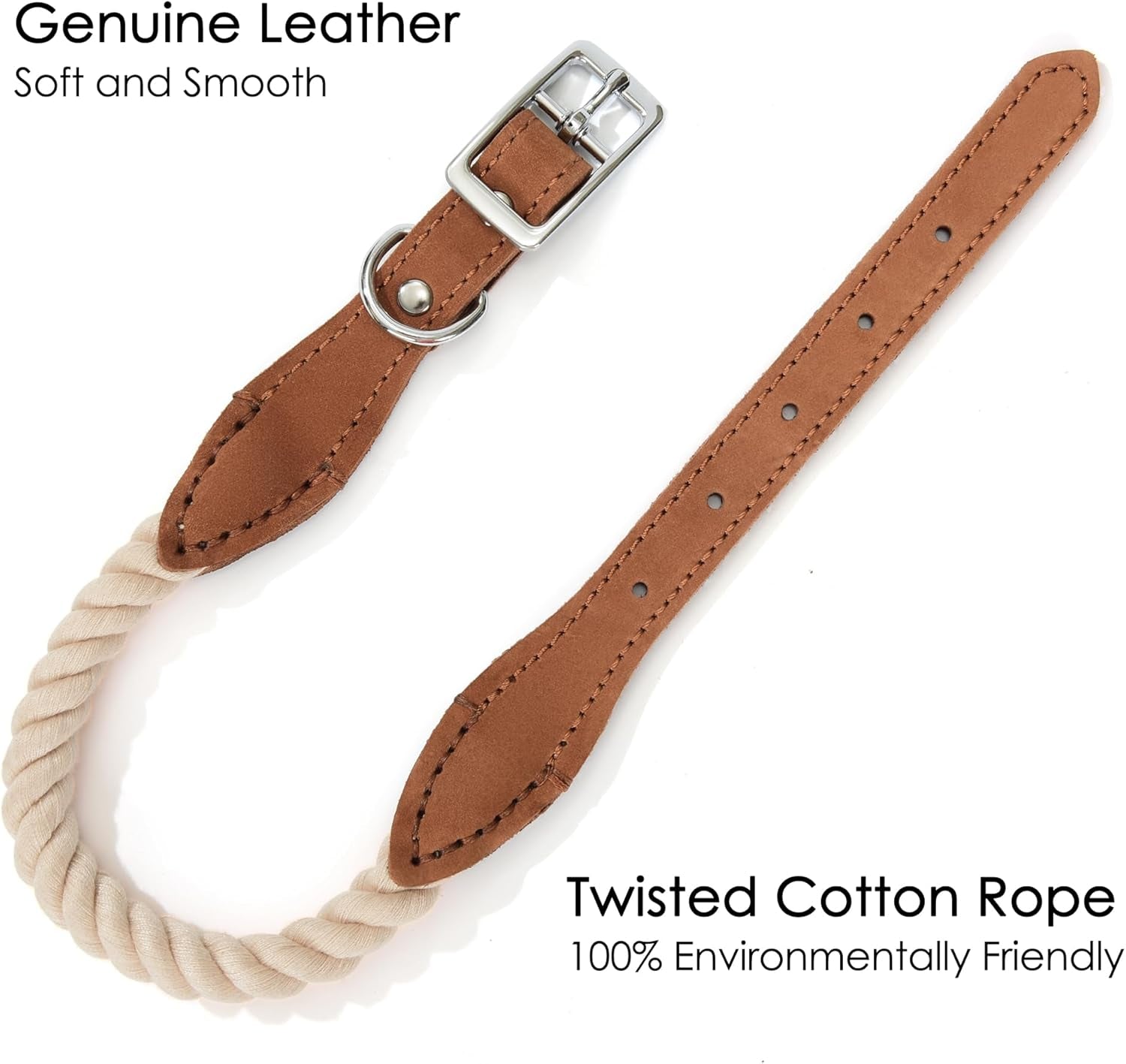 Rope Dog Collar, Genuine Leather (Beige)