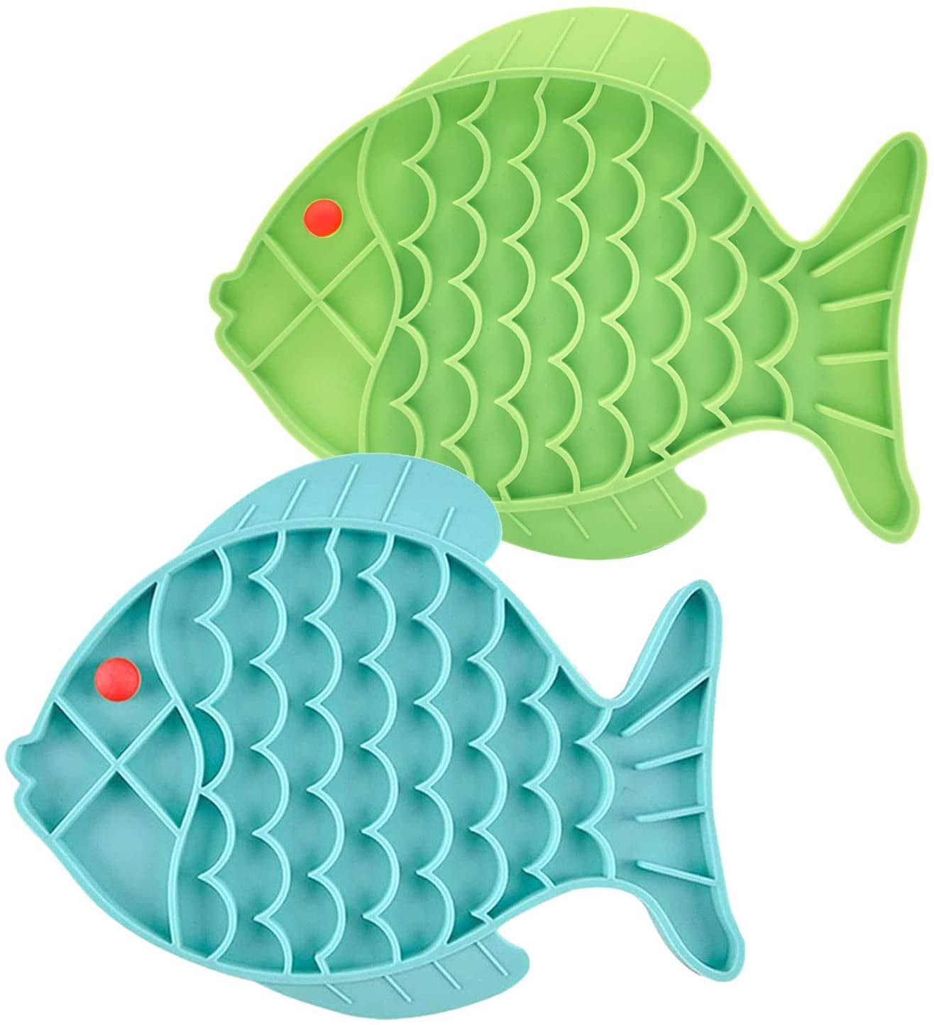 Cat Lick Treat Mat, 2 Pack Fish-Shaped Puzzle Feeder for Cats & Dogs, Anxiety Relief, Fun Alternative to Slow Feeder (Blue and Green)