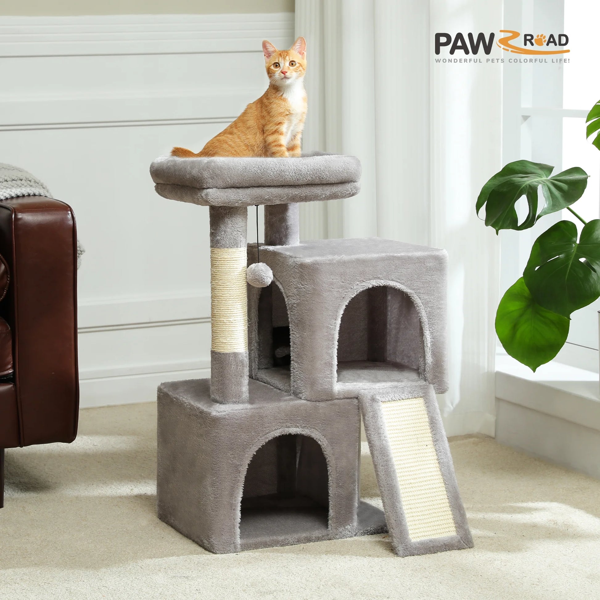 30" Cat Tree Condo with Sisal Cat Scratching Post Tower Ramp for Indoor Cats, Gray