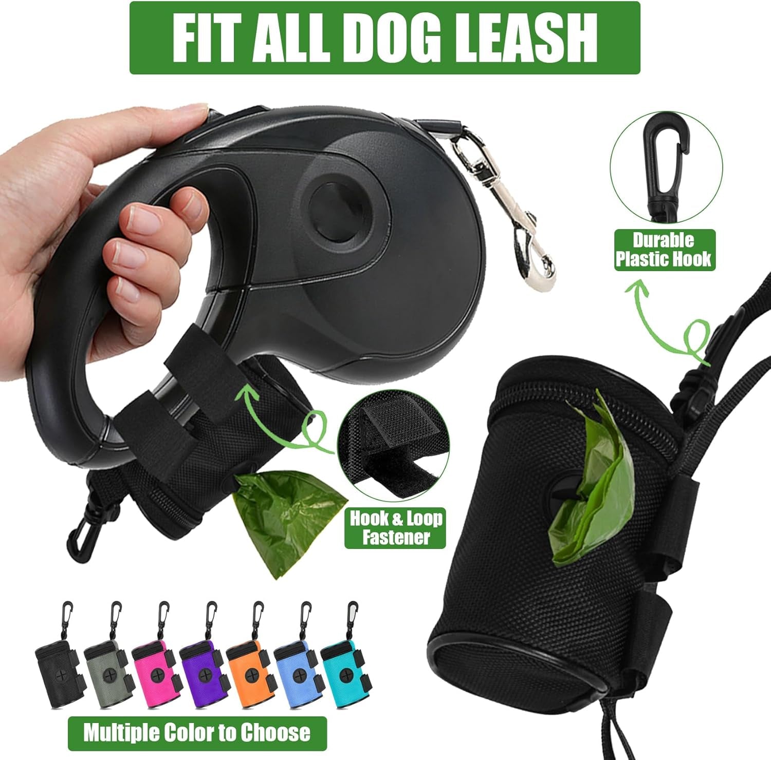 2 Pack Dog Poop Bag Holder for Leash Attachment - Waste Bag Dispenser for Leash - Fits Any Dog Leash - Portable Set with Hand Free Holder Metal Carrier, Black round Shape