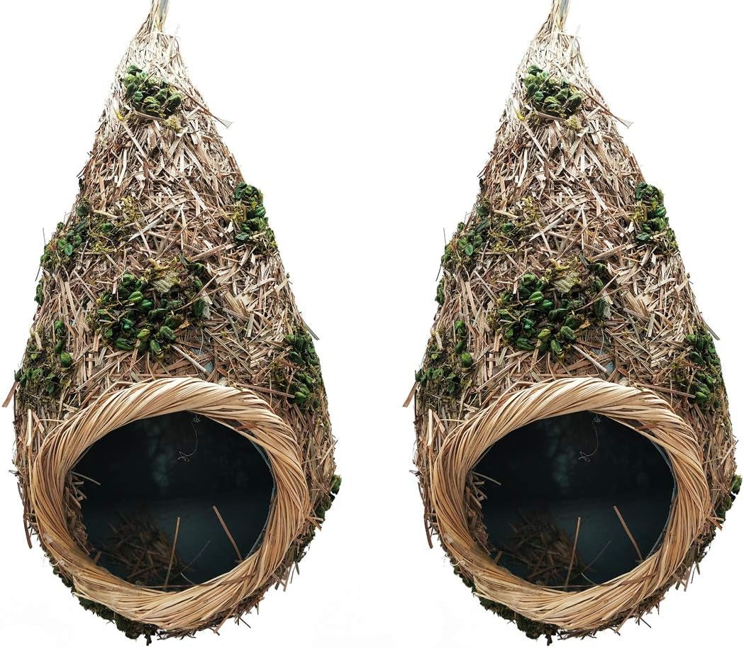 2 Pack Hummingbird Grass Birdhouse for outside Hanging Hand Woven Bird House Hut Nest Cozy Resting Place for Backyard Home Garden (Grass Birdhouse with Green Leaves)