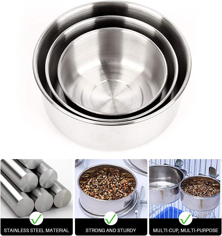 3PCS Bird Feeder for Cage Parakeets Food Feeder with 3 Different Size, Bird Feeding Dish Stainless Steel Bird Bowl Parrot Feeding Cups Animal Cage Water Food Bowl for Parrot