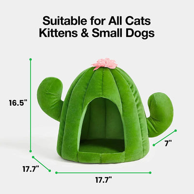 Cat Dog Bed Cat Cave Pet Dog House with Machine Washable Nest Cushion Green Cactus 16.5"