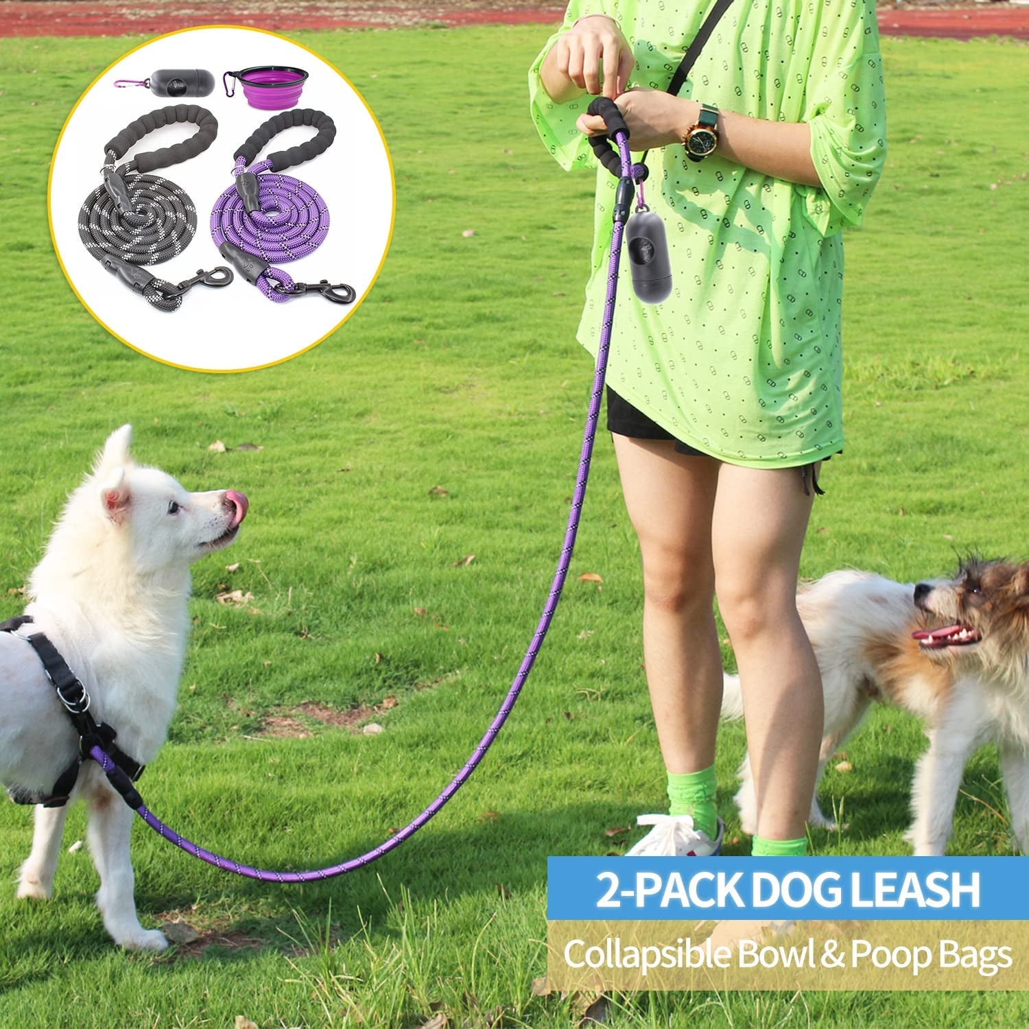 2 Packs 5/6 FT Dog Leash with Comfortable Padded Handle and Highly Reflective Threads Dog Leashes for Small Medium and Large Dogs (5FT-1/2'', Black+Purple)