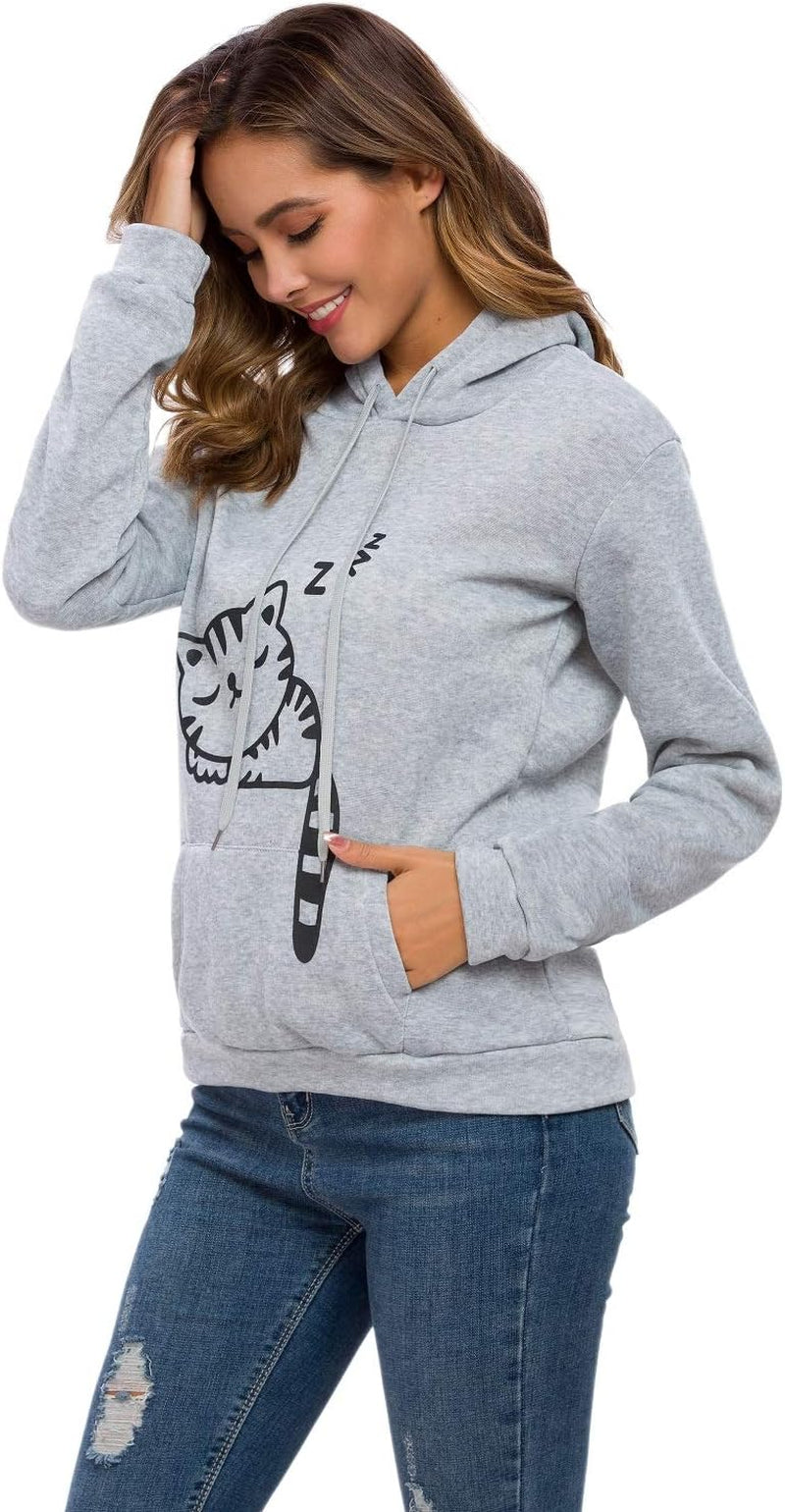 Women Teen Girls Cat Hoodie Sweatshirt Cute Cat Ear Sleeping Cat Printed Pullover Sweatshirt