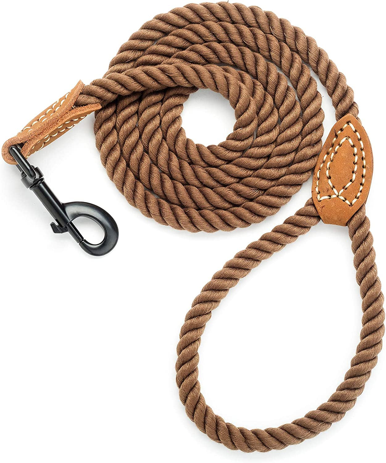 Braided Cotton Rope Leash with Leather Tip - 4 Feet Heavy Duty Metal Clasp Wedding Dog Leash (Dark Brown, 48 Inches)