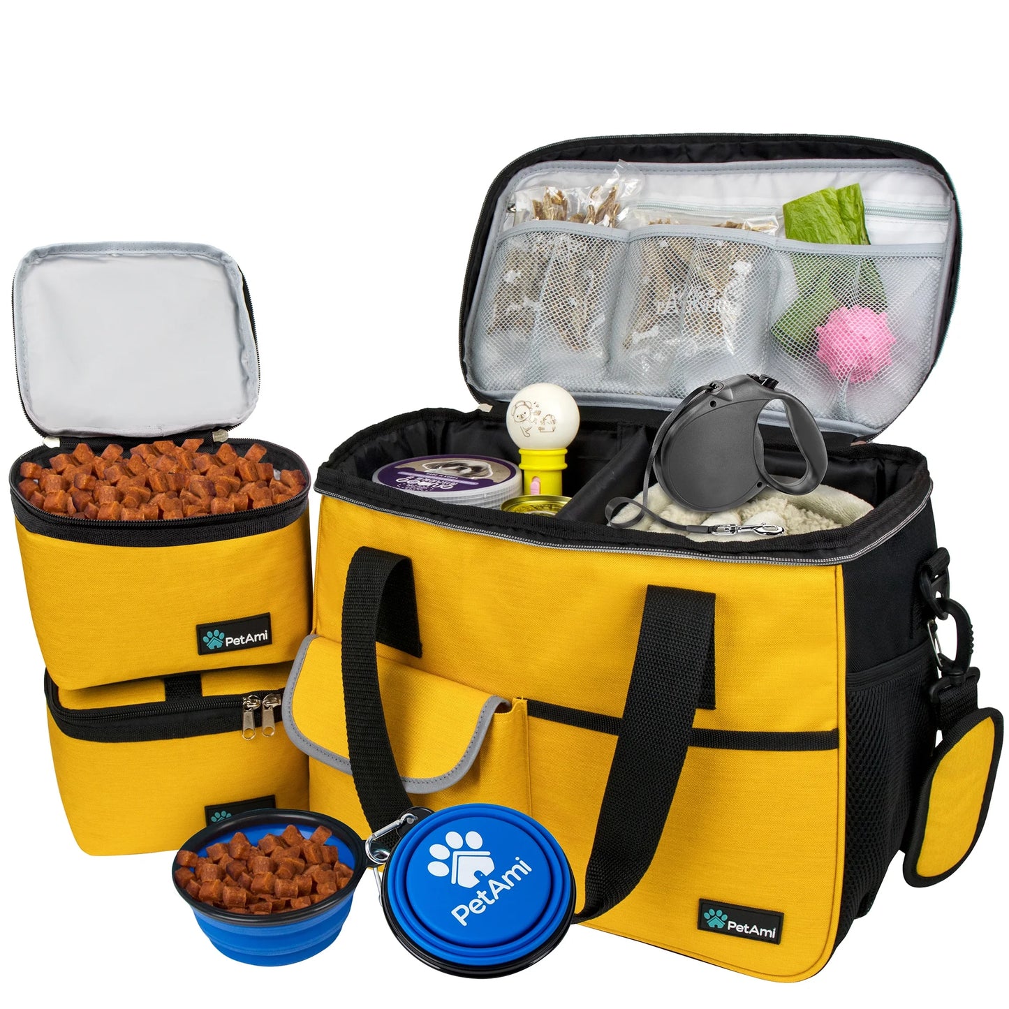 Medium Dog Travel Bag with Food Containers and Bowls, Yellow, 22 L Limit