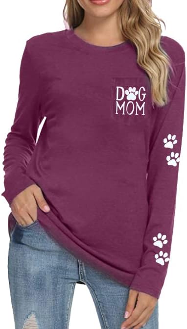 Women Dog Paw Shirt Dog Mom Pullover Cute Dog Lover Graphic Tee Patch Pocket Pullover Casual Long Sleeve Shirt