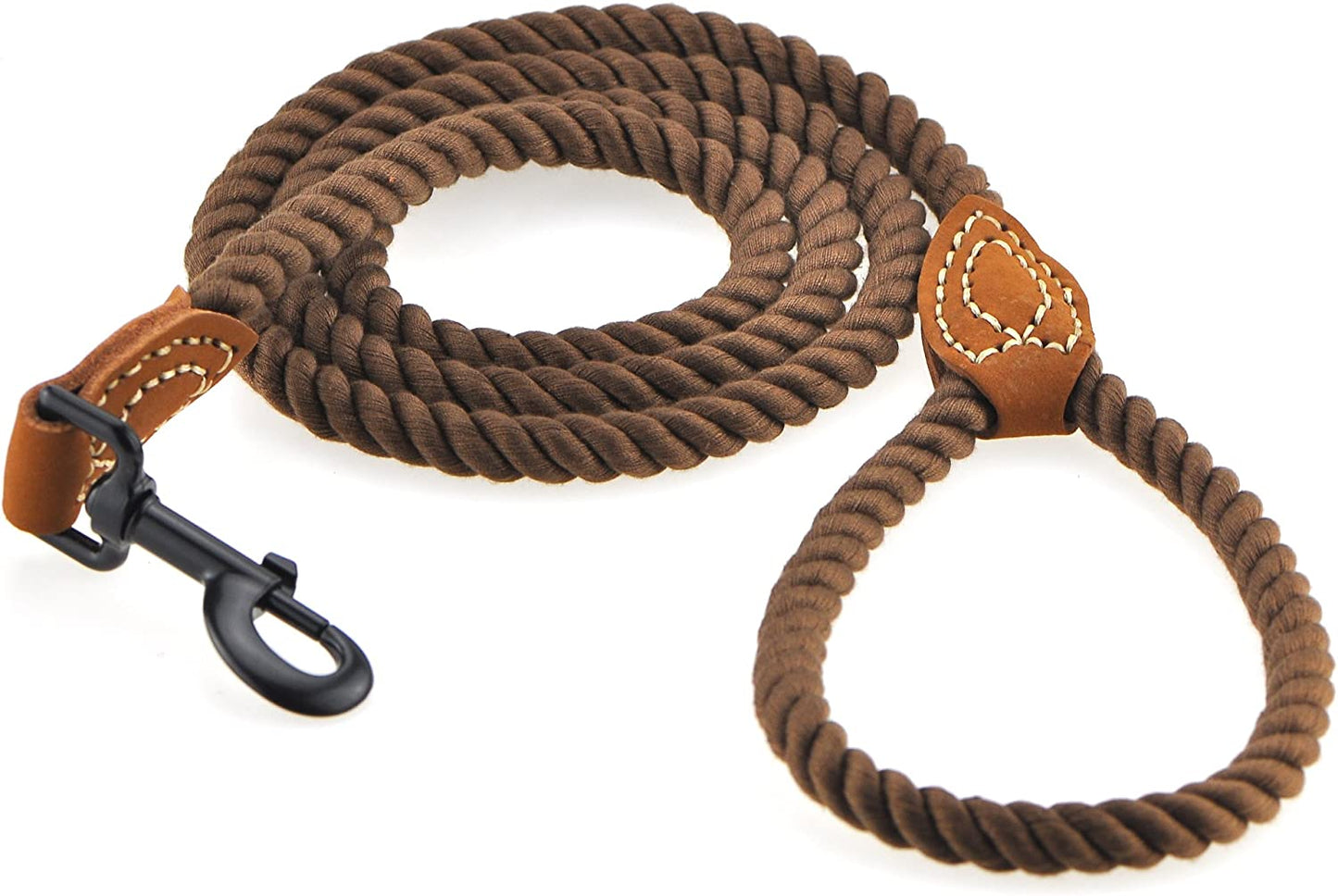 Braided Cotton Rope Leash with Leather Tip - 4 Feet Heavy Duty Metal Clasp Wedding Dog Leash (Dark Brown, 48 Inches)