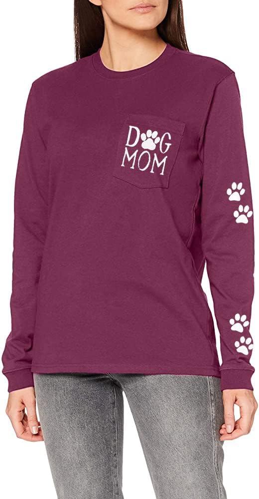 Women Dog Paw Shirt Dog Mom Pullover Cute Dog Lover Graphic Tee Patch Pocket Pullover Casual Long Sleeve Shirt