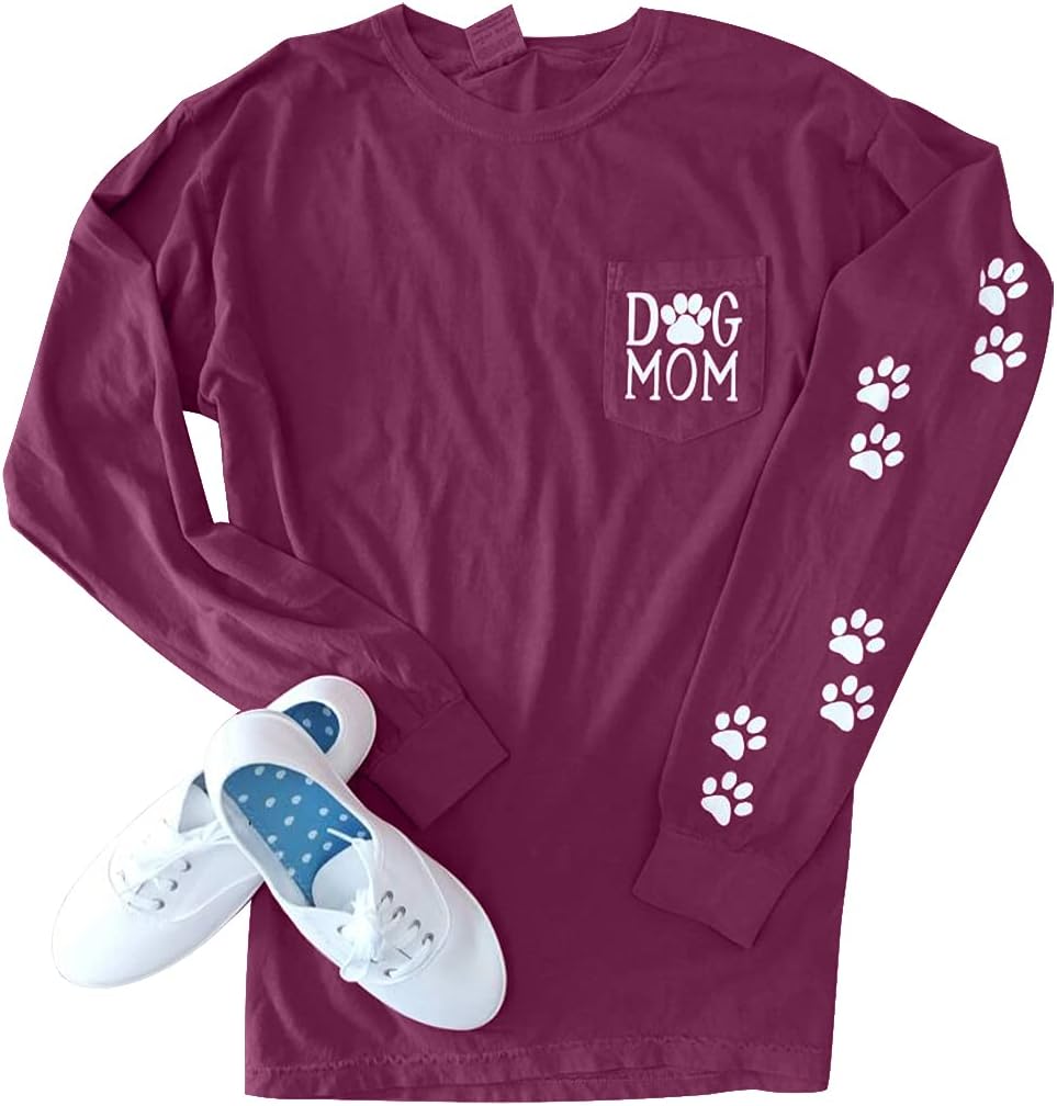 Women Dog Paw Shirt Dog Mom Pullover Cute Dog Lover Graphic Tee Patch Pocket Pullover Casual Long Sleeve Shirt