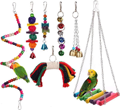 Bird Parrot Toys Play Fun Set for Cages, 7Pcs Colorful Chewing Hanging Swing Toy Bells, Wooden Spiral, Cotton Rope, Ladder Swing for Small Parrots, Macaws, Parakeets, Conures, Cockatiels, Lov