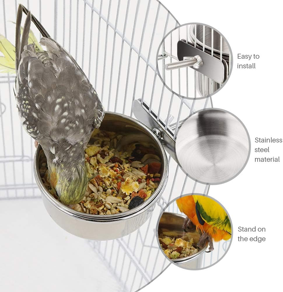 3PCS Bird Feeder for Cage Parakeets Food Feeder with 3 Different Size, Bird Feeding Dish Stainless Steel Bird Bowl Parrot Feeding Cups Animal Cage Water Food Bowl for Parrot