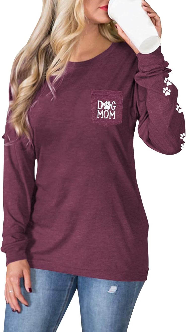 Women Dog Paw Shirt Dog Mom Pullover Cute Dog Lover Graphic Tee Patch Pocket Pullover Casual Long Sleeve Shirt