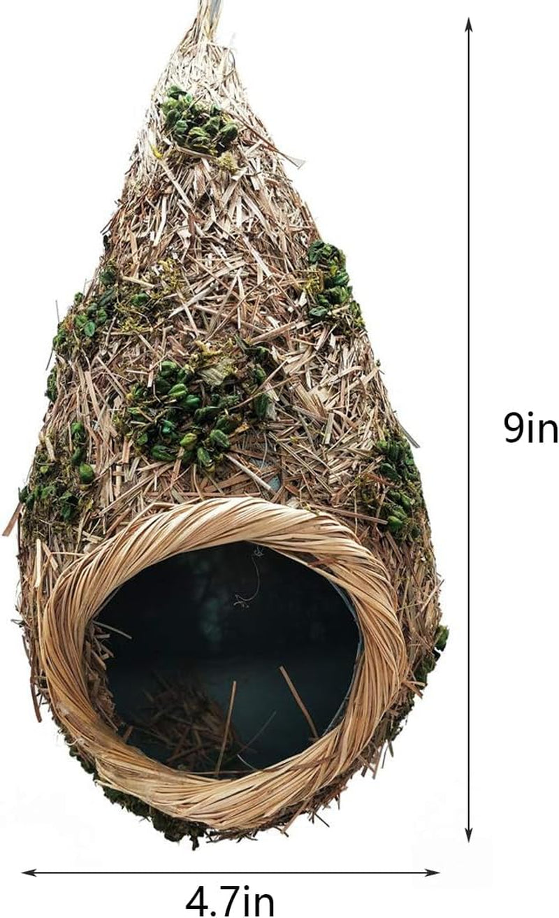 2 Pack Hummingbird Grass Birdhouse for outside Hanging Hand Woven Bird House Hut Nest Cozy Resting Place for Backyard Home Garden (Grass Birdhouse with Green Leaves)