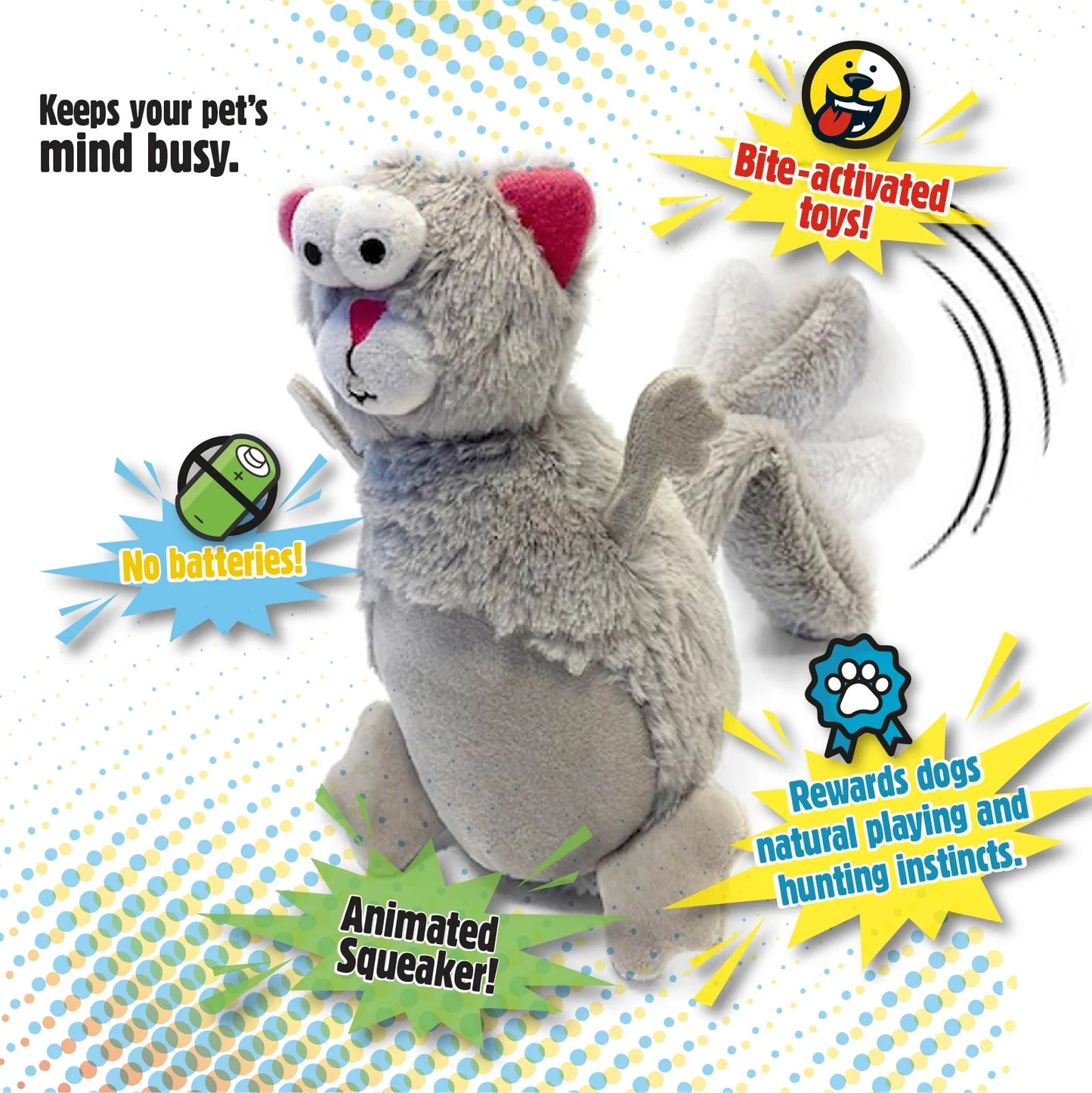 Action Plush Squirrel Animated Squeaky Dog Toy, Chew Guard Technology - Gray, One Size