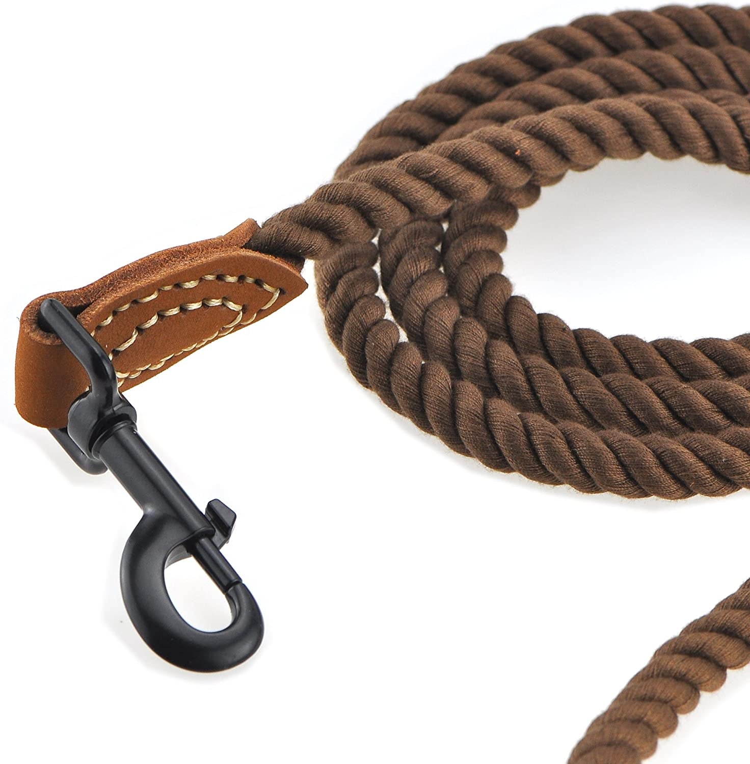 Braided Cotton Rope Leash with Leather Tip - 4 Feet Heavy Duty Metal Clasp Wedding Dog Leash (Dark Brown, 48 Inches)