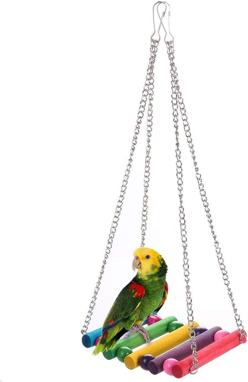 Bird Parrot Toys Play Fun Set for Cages, 7Pcs Colorful Chewing Hanging Swing Toy Bells, Wooden Spiral, Cotton Rope, Ladder Swing for Small Parrots, Macaws, Parakeets, Conures, Cockatiels, Lov