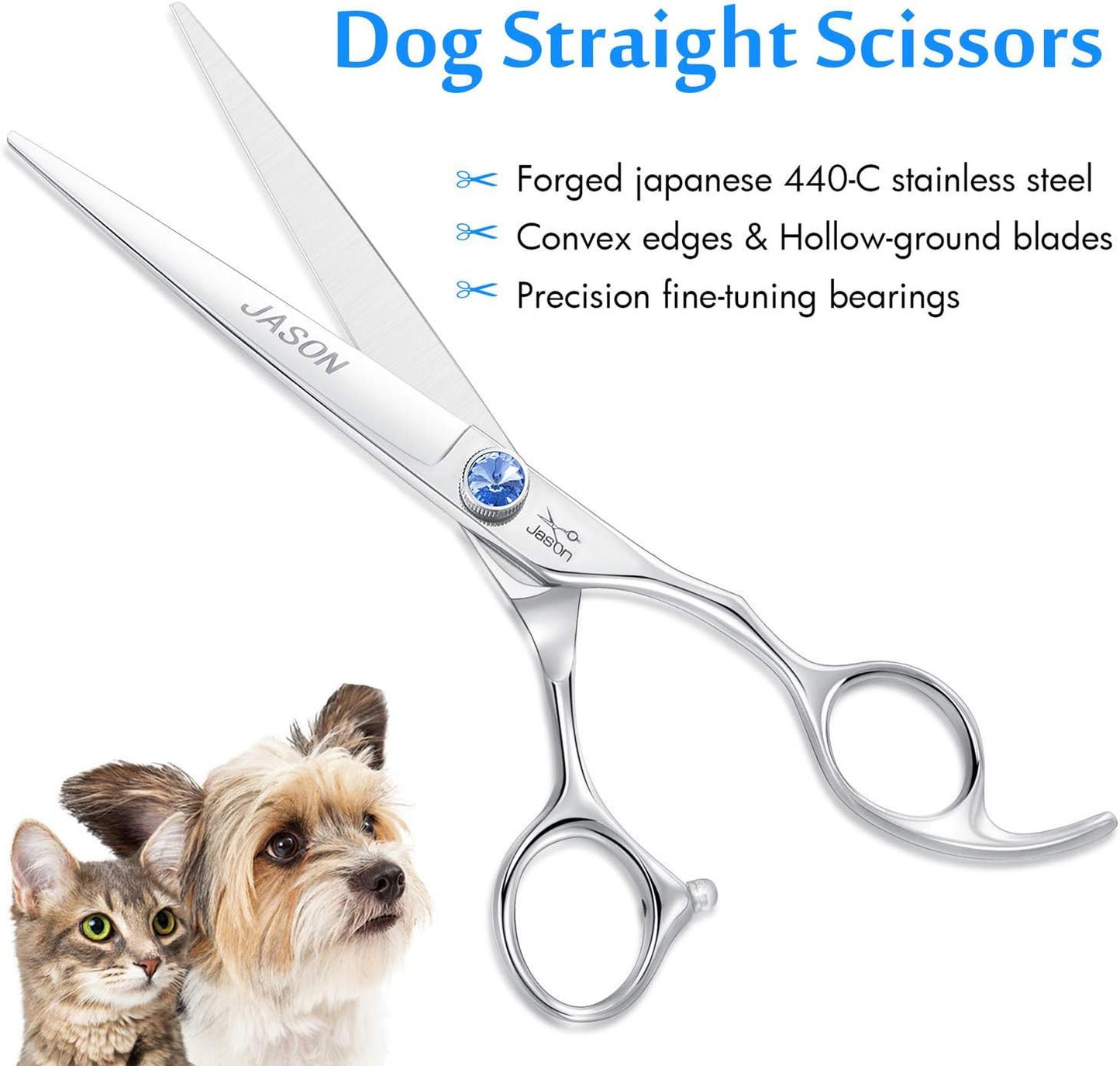 7" Straight Dog Grooming Scissors, Ergonomic Pets Grooming Shears, Premium Cats Trimming Kit with Offset Handle and Jewelled Screw, Sharp, Comfortable