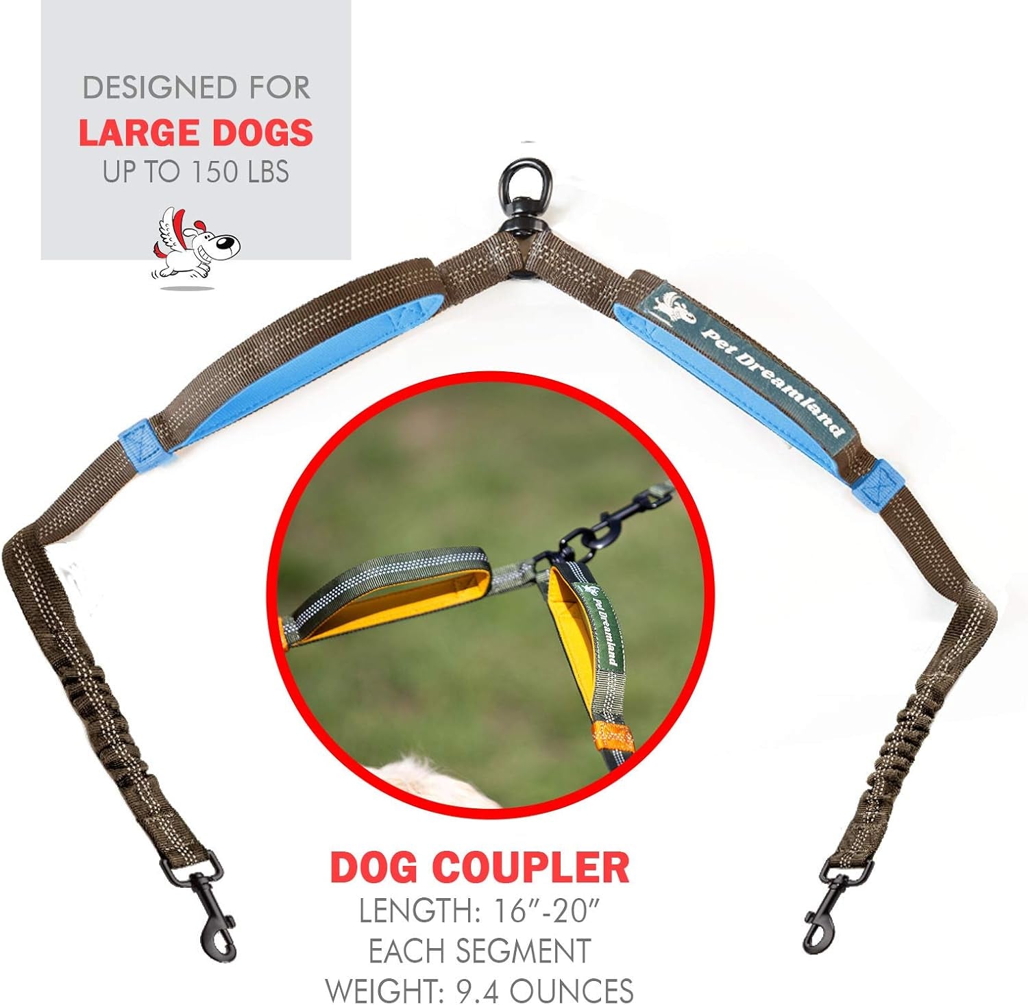 Exquisite Double Leash for Two Dogs - 2-In-1 Dog Leash Coupler - Large, Grey & Blue