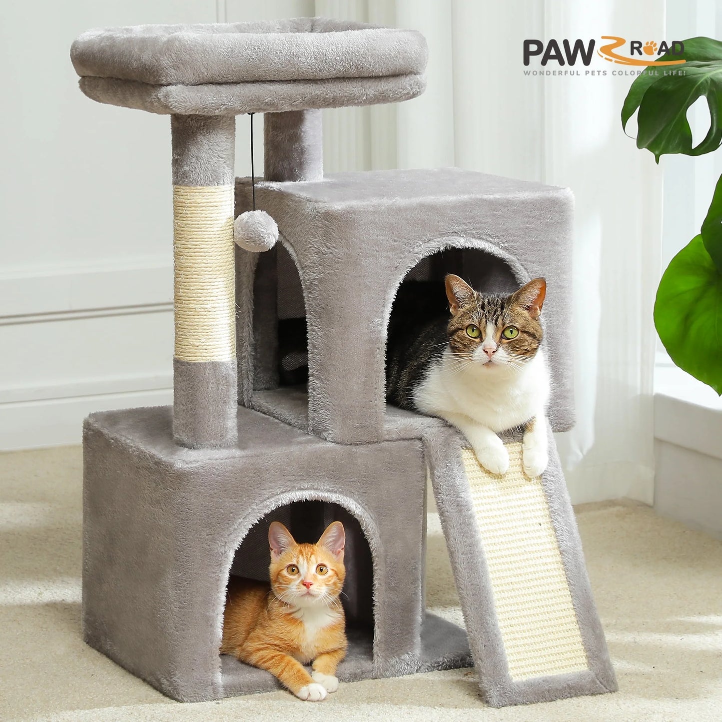 30" Cat Tree Condo with Sisal Cat Scratching Post Tower Ramp for Indoor Cats, Gray