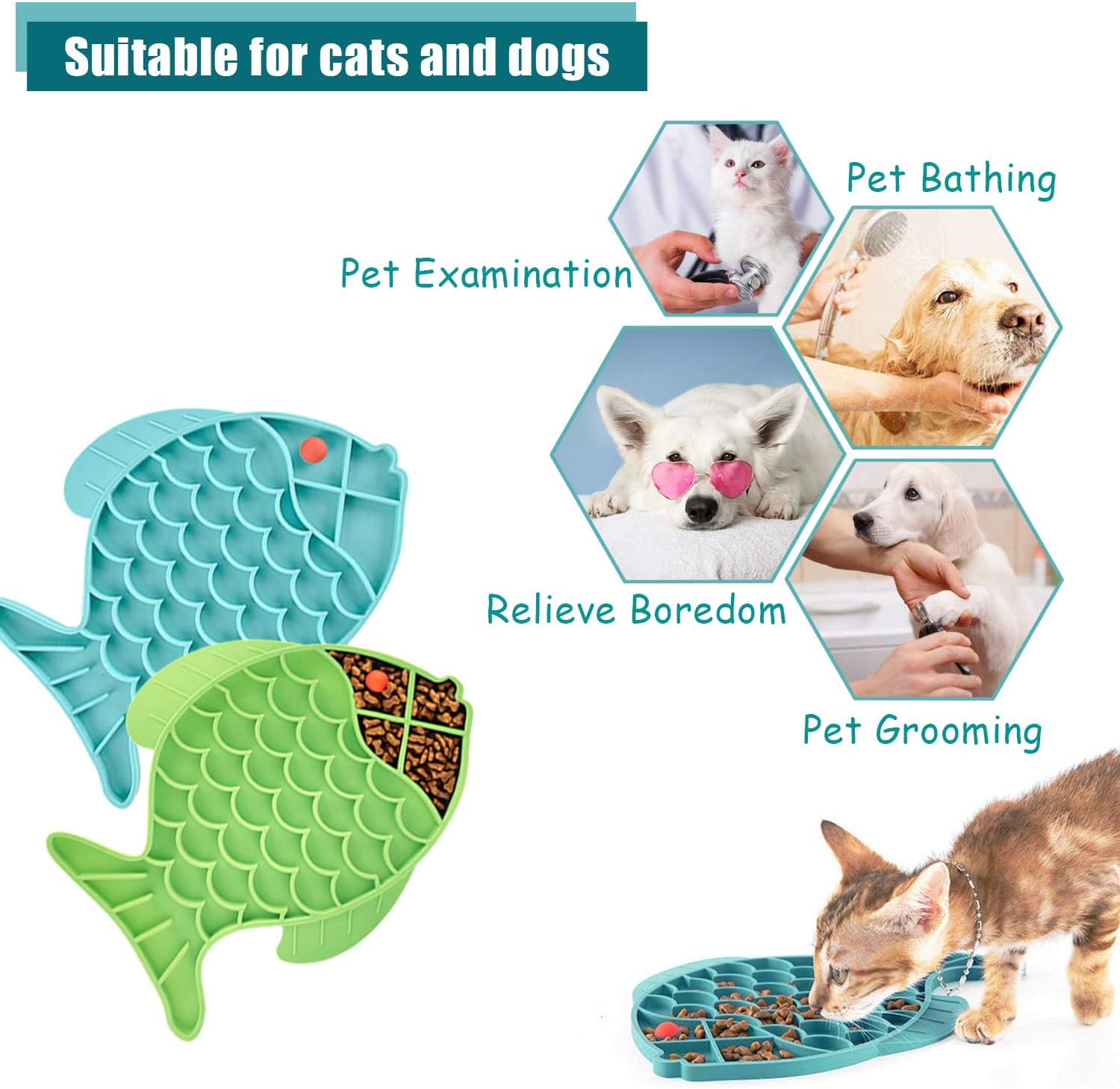 Cat Lick Treat Mat, 2 Pack Fish-Shaped Puzzle Feeder for Cats & Dogs, Anxiety Relief, Fun Alternative to Slow Feeder (Blue and Green)