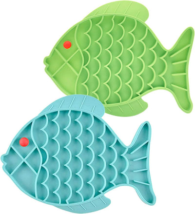 Cat Lick Treat Mat, 2 Pack Fish-Shaped Puzzle Feeder for Cats & Dogs, Anxiety Relief, Fun Alternative to Slow Feeder (Blue and Green)