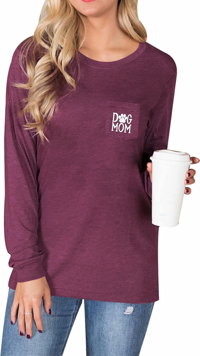 Women Dog Paw Shirt Dog Mom Pullover Cute Dog Lover Graphic Tee Patch Pocket Pullover Casual Long Sleeve Shirt