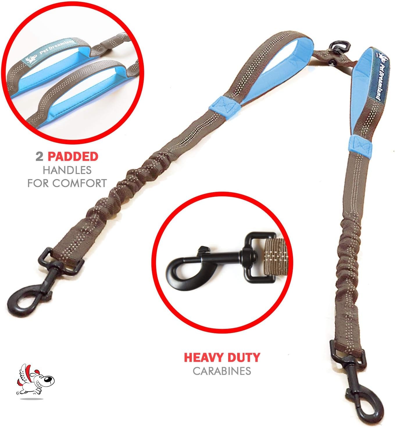 Exquisite Double Leash for Two Dogs - 2-In-1 Dog Leash Coupler - Large, Grey & Blue