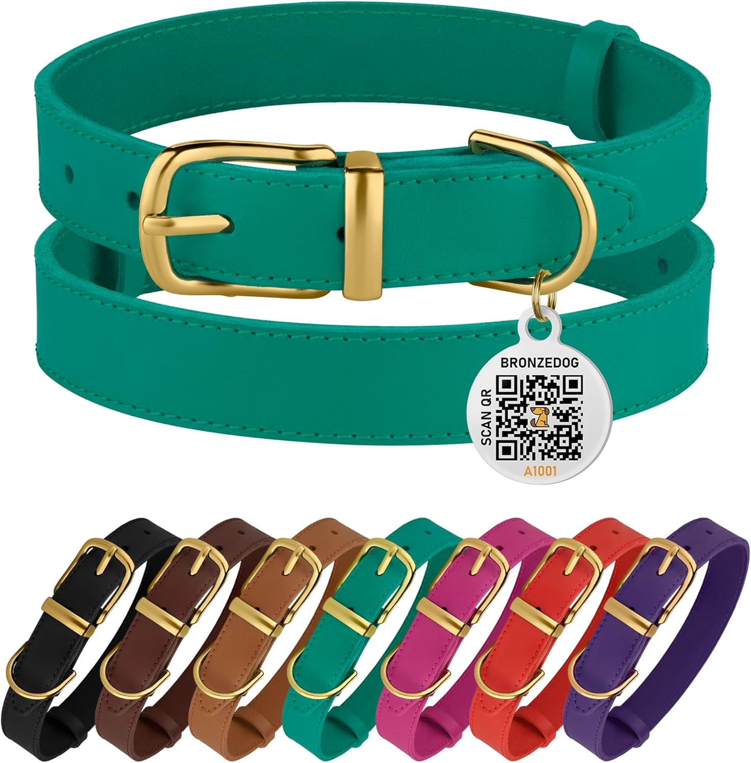 Leather Dog Collar with Metal Buckle Durable Basic Pet Collars for Small Medium Large Dogs (13-16 Inch (Pack of 1), Green & Gold Buckle)