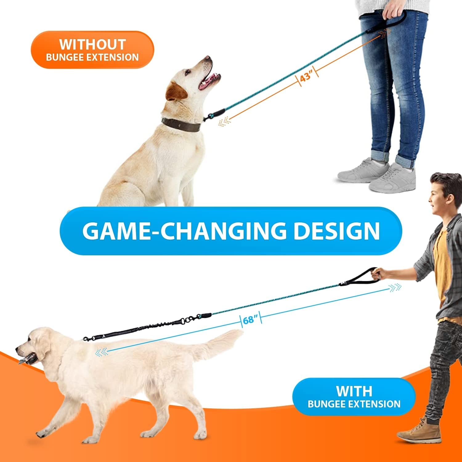 Heavy-Duty Bungee Leash for Dogs – Anti-Pull, Reflective, 5.5ft (Teal)