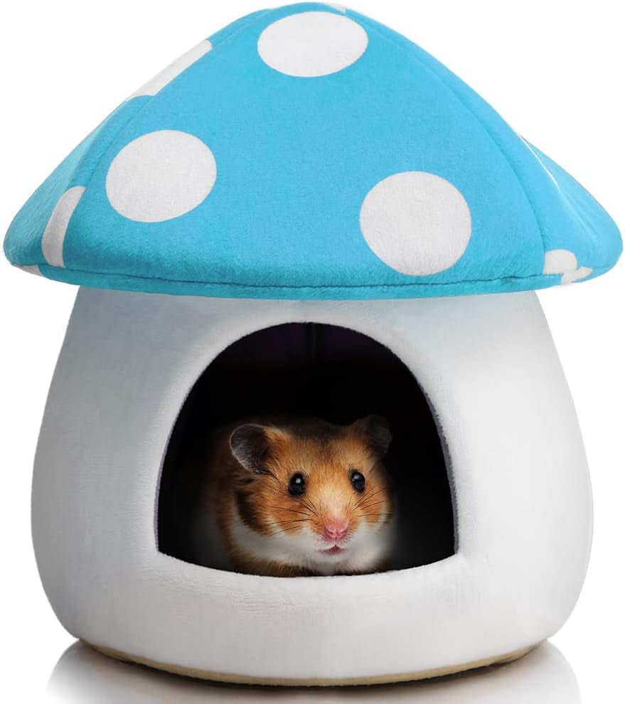 Warm Small Pet Animals Bed Dutch Pig Hamster Nest Hedgehog Rat Chinchilla Guinea Habitat Mini House, Blue Mushroom