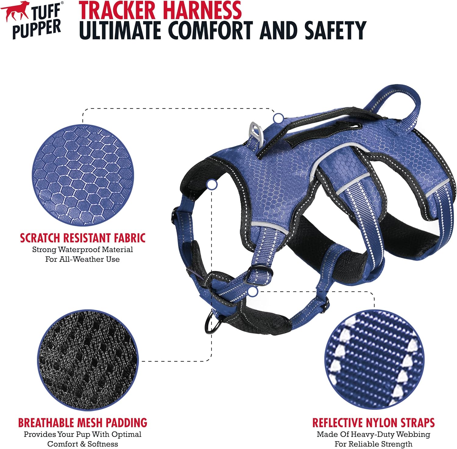 Updated for 2024 - Tracker No Escape Dog Harness | Dual Escape Proof Leash Attachments | 5 Point Adjustable Fit Harness for Dogs | Padded Dog Harness for Comfort | Handle Dog Lift Harness