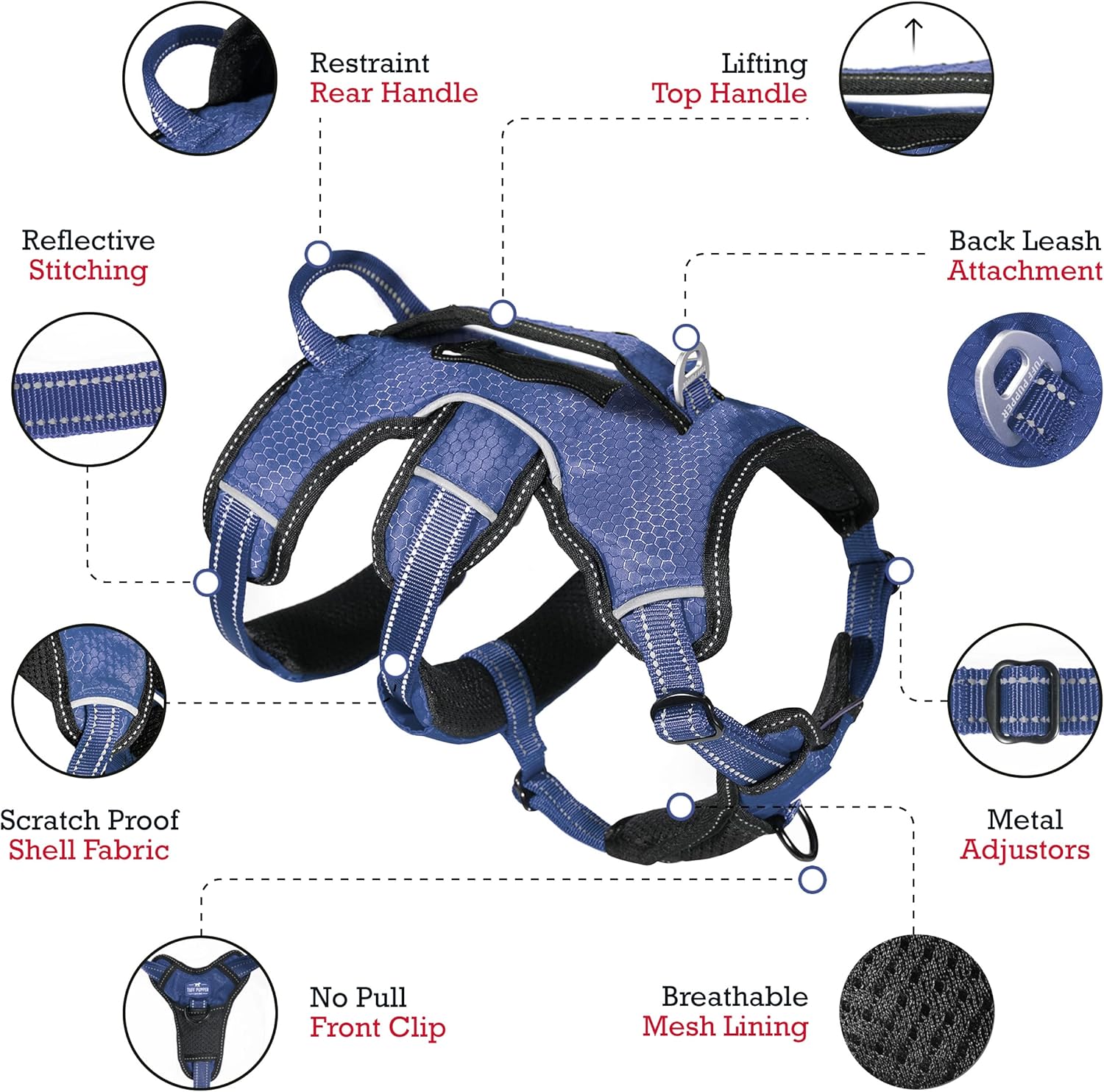 Updated for 2024 - Tracker No Escape Dog Harness | Dual Escape Proof Leash Attachments | 5 Point Adjustable Fit Harness for Dogs | Padded Dog Harness for Comfort | Handle Dog Lift Harness