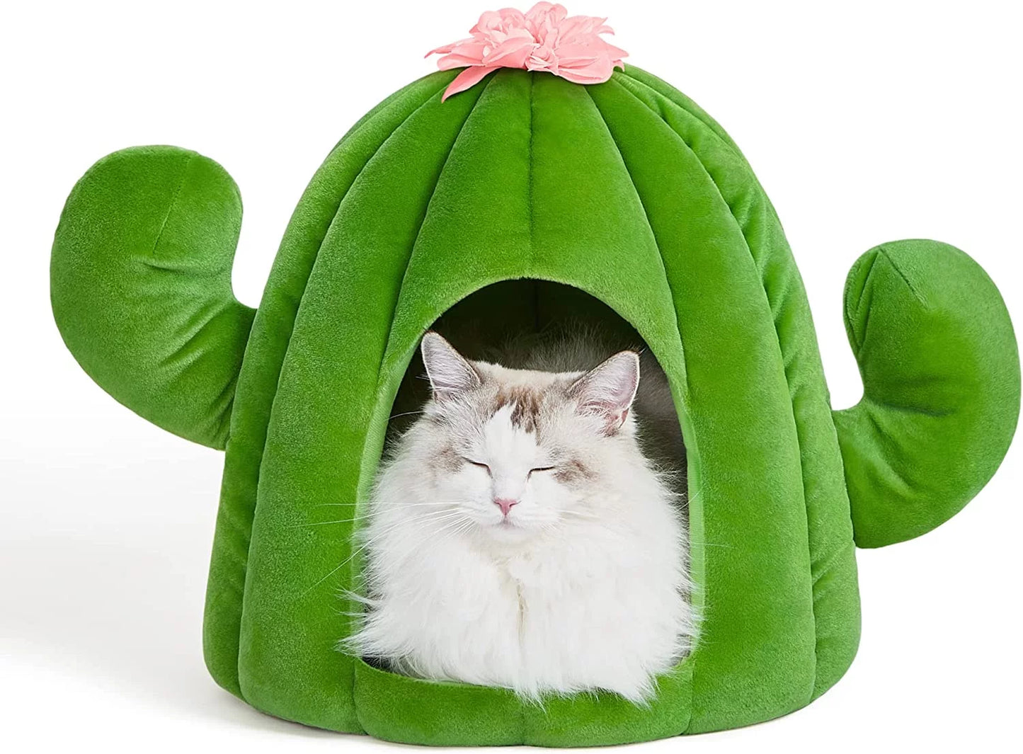 Cat Dog Bed Cat Cave Pet Dog House with Machine Washable Nest Cushion Green Cactus 16.5"