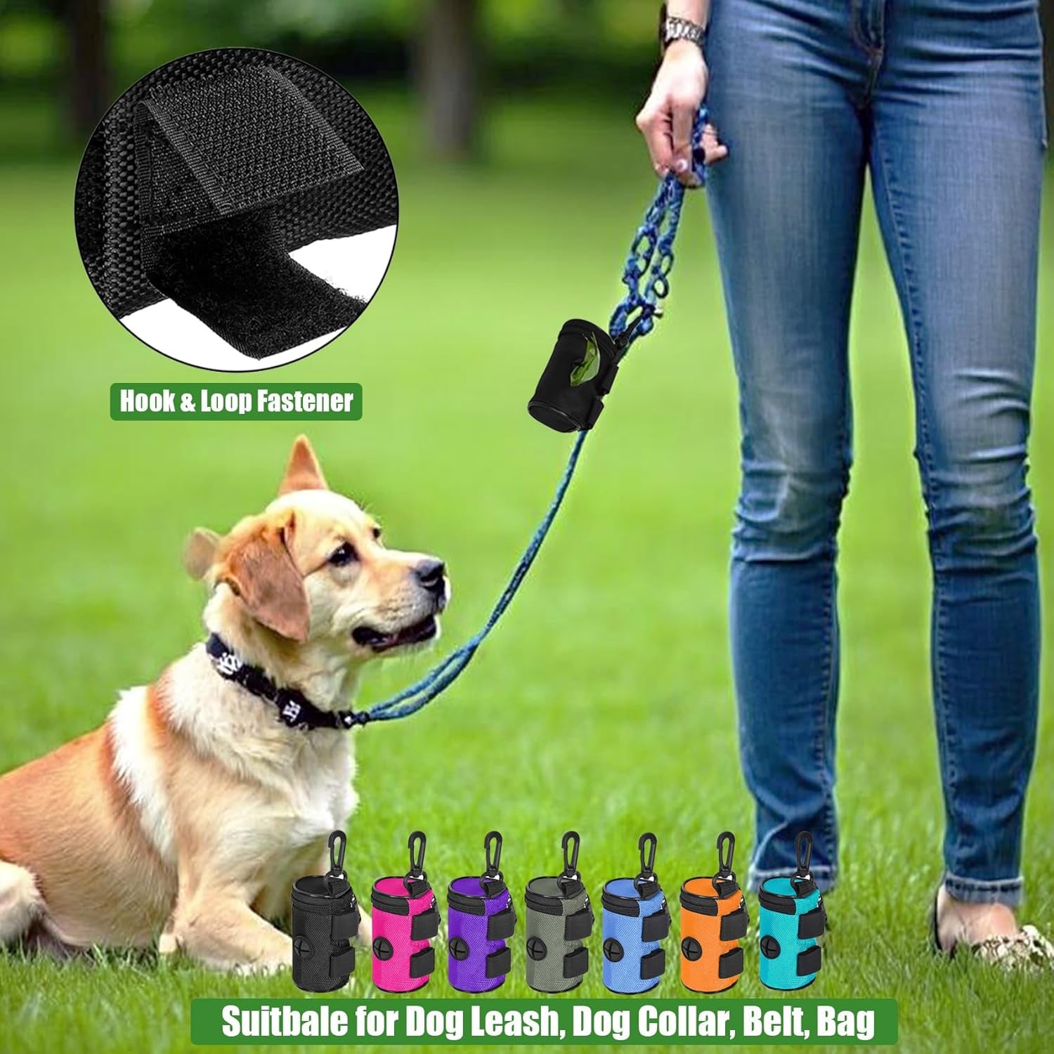 2 Pack Dog Poop Bag Holder for Leash Attachment - Waste Bag Dispenser for Leash - Fits Any Dog Leash - Portable Set with Hand Free Holder Metal Carrier, Black round Shape