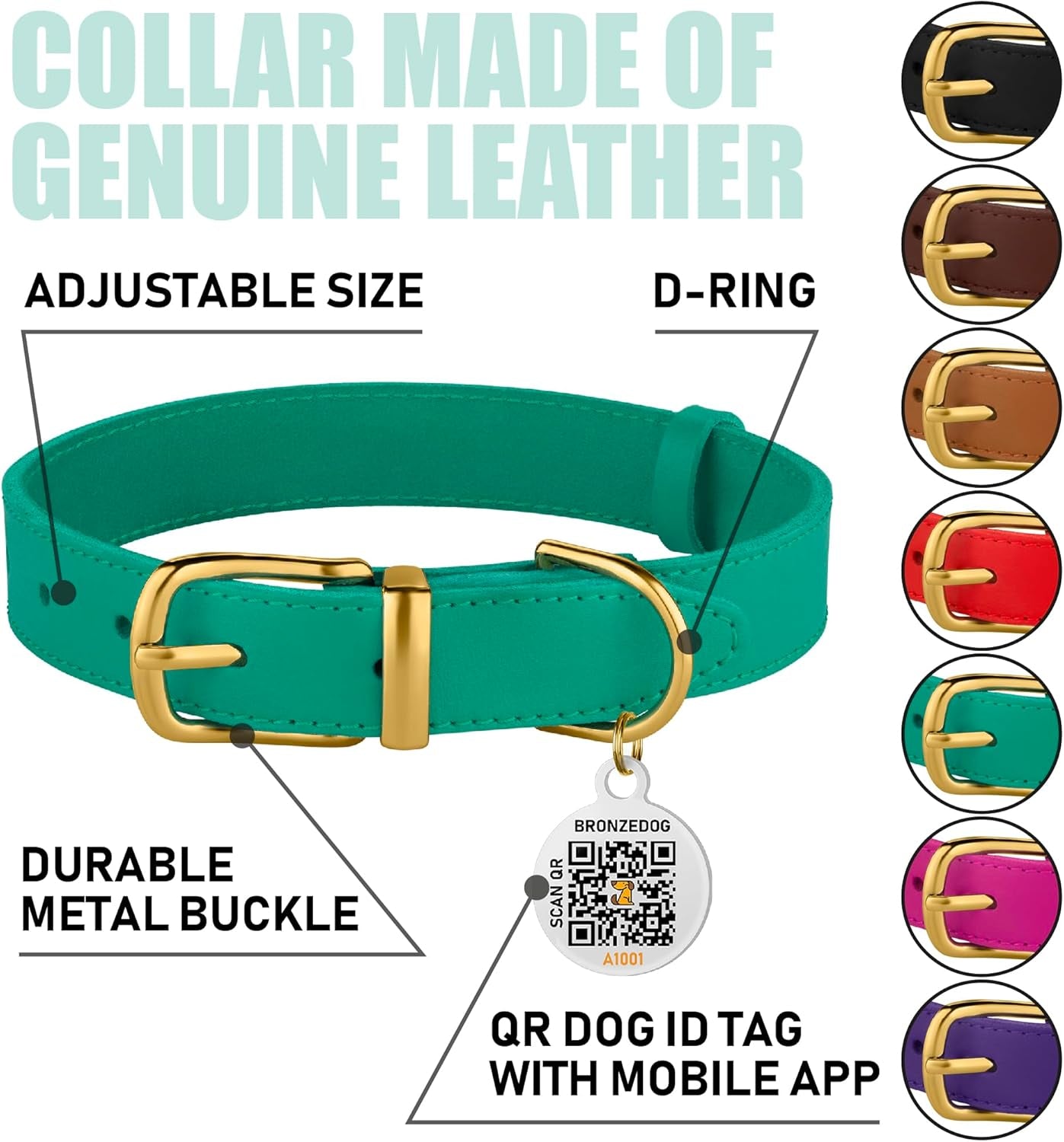 Leather Dog Collar with Metal Buckle Durable Basic Pet Collars for Small Medium Large Dogs (13-16 Inch (Pack of 1), Green & Gold Buckle)