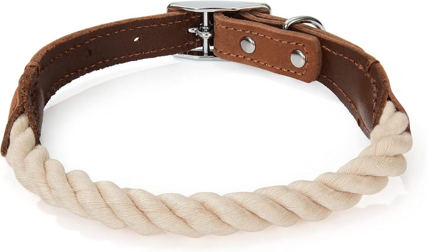 Rope Dog Collar, Genuine Leather (Beige)