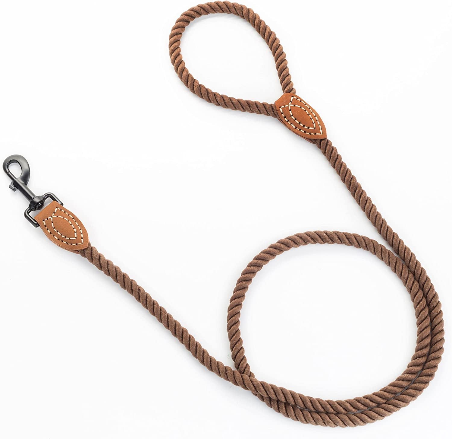 Braided Cotton Rope Leash with Leather Tip - 4 Feet Heavy Duty Metal Clasp Wedding Dog Leash (Dark Brown, 48 Inches)