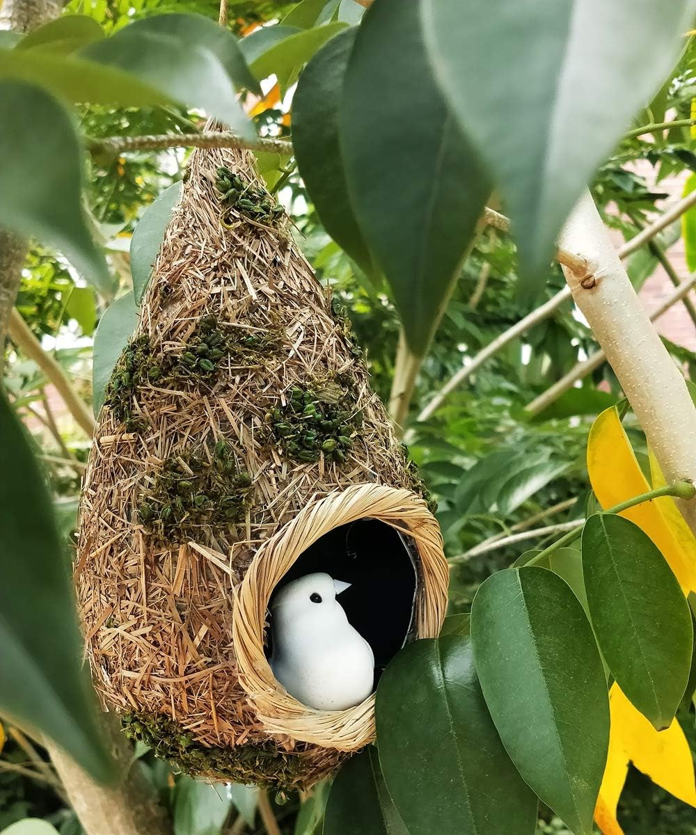 2 Pack Hummingbird Grass Birdhouse for outside Hanging Hand Woven Bird House Hut Nest Cozy Resting Place for Backyard Home Garden (Grass Birdhouse with Green Leaves)