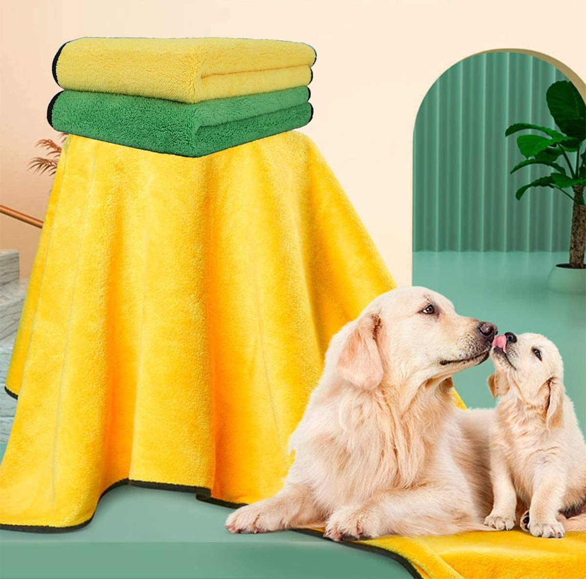 2 Pack Dog Towels Super Absorbent Pet Bath Towel Microfiber Dog Drying Towel for Small Medium Large Dogs and Cats, Machine Washable, 19.7Inch X 39.4Inch, Yellow-Grey & Green-Grey