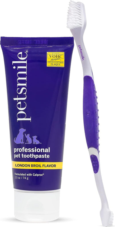 Professional Pet Tooth Brushing Kit - Cat & Dog Toothbrush and Toothpaste for Plaque, Tartar, & Bad Breath - VOHC Accepted Non Enzymatic Cat & Dog Toothpaste (London Broil, 2.5 Oz)