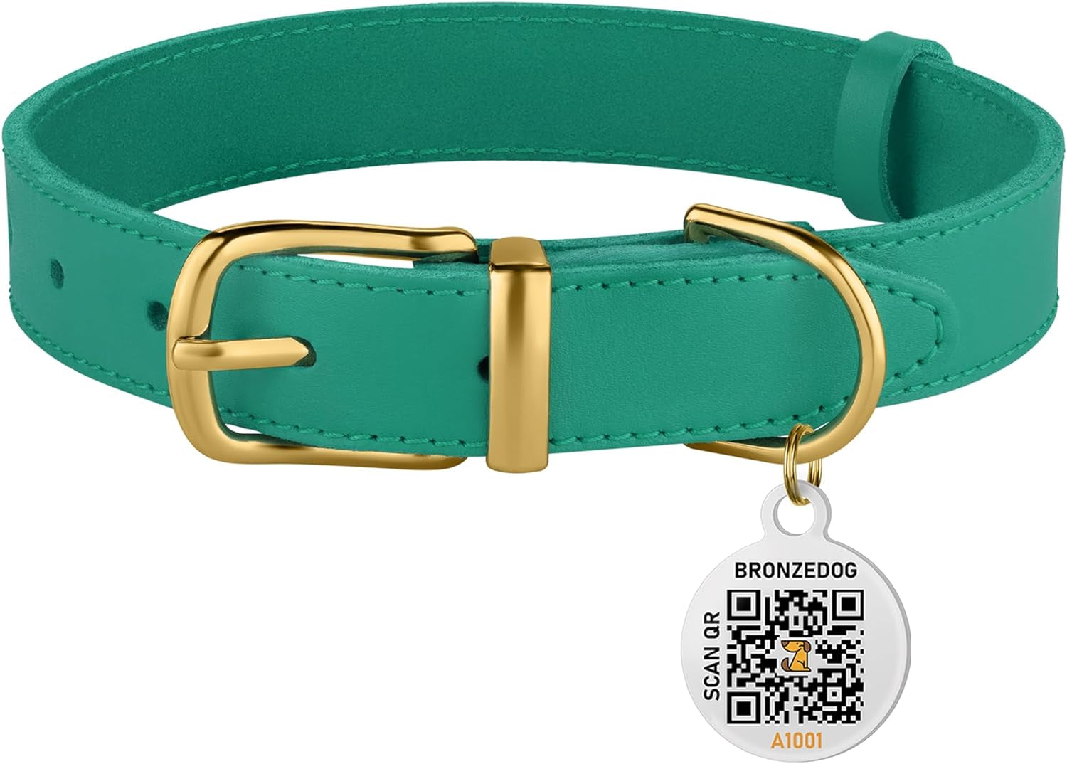 Leather Dog Collar with Metal Buckle Durable Basic Pet Collars for Small Medium Large Dogs (13-16 Inch (Pack of 1), Green & Gold Buckle)