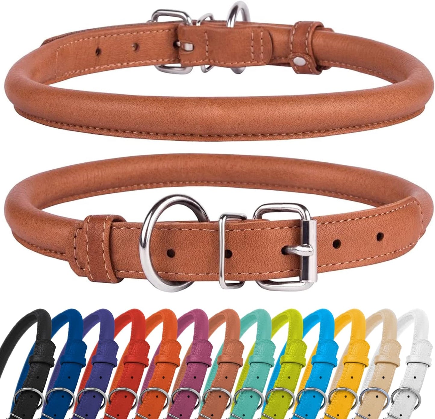 Rolled Leather Dog Collar, Soft Padded round Puppy Collar, Handmade Genuine Leather Collar Dog Small Large Cat Collars 13 Colors (15-19 Inch, Cinnamon Textured)