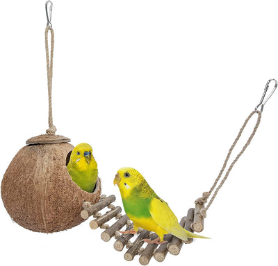 Natural Coconut Hideaway with Ladder, Bird and Small Animal Toy (House with Ladder, Natural Surface)