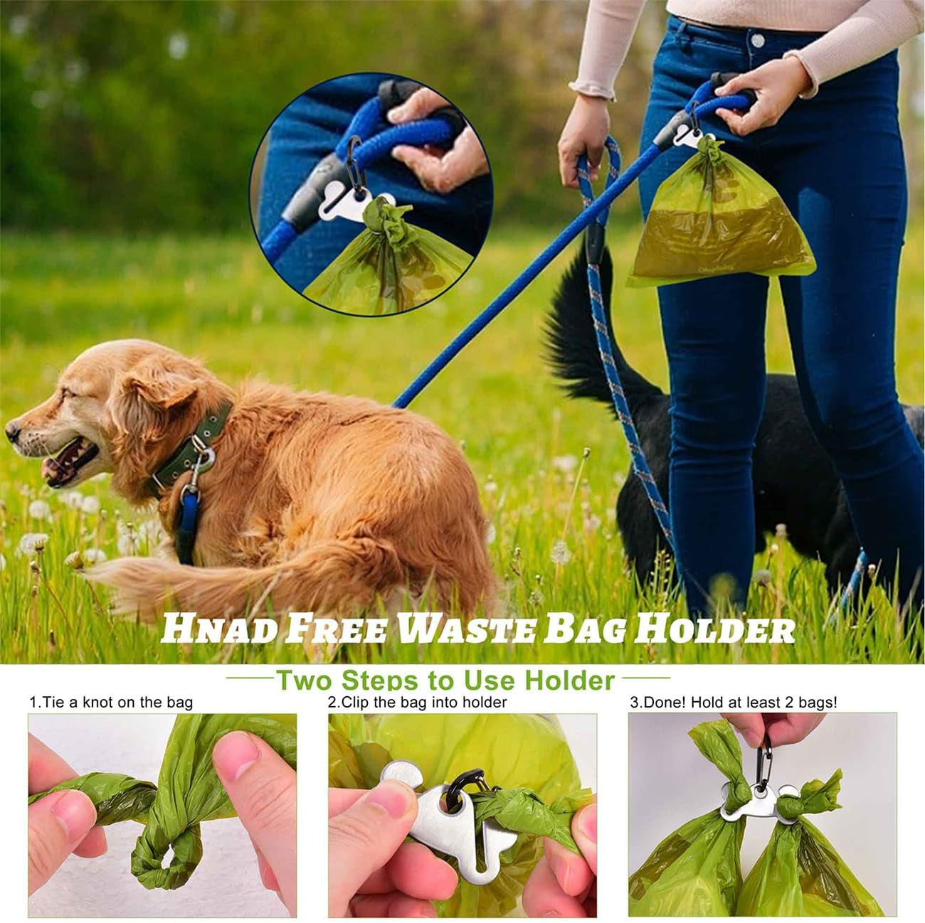 2 Pack Dog Poop Bag Holder for Leash Attachment - Waste Bag Dispenser for Leash - Fits Any Dog Leash - Portable Set with Hand Free Holder Metal Carrier, Black round Shape