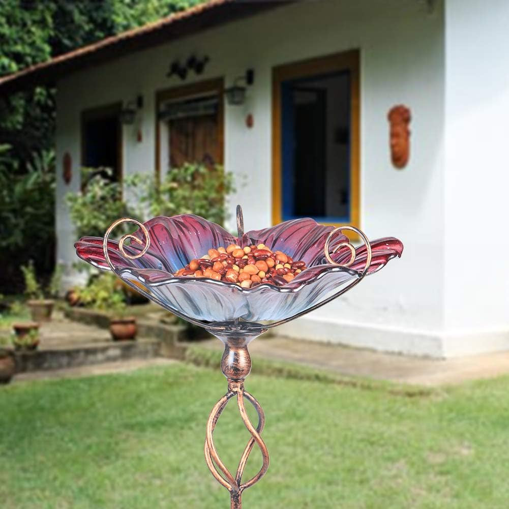 31 Inch Height Glass Birdbath Birdfeeder with Metal Stake Garden Yard Outdoor