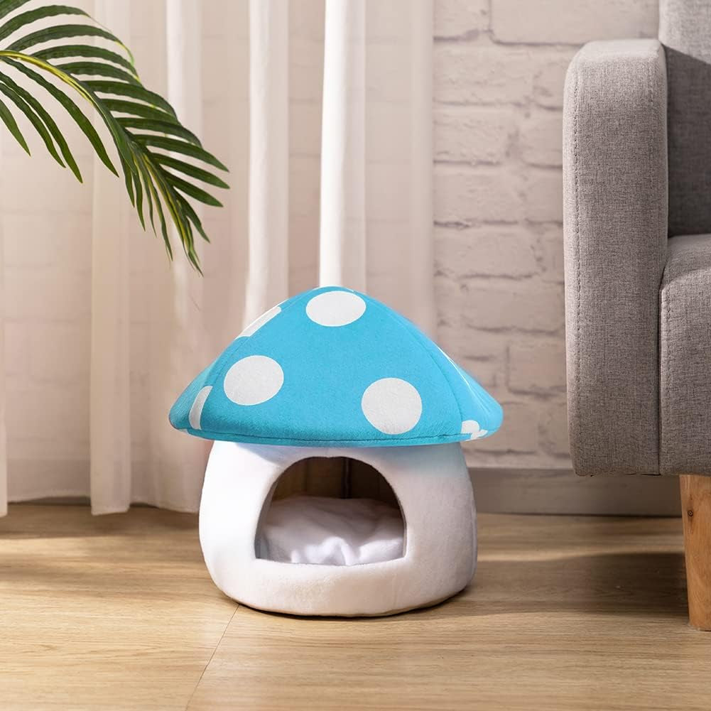 Warm Small Pet Animals Bed Dutch Pig Hamster Nest Hedgehog Rat Chinchilla Guinea Habitat Mini House, Blue Mushroom