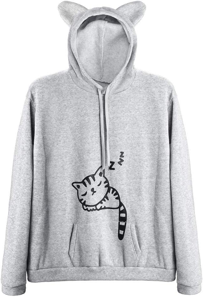 Women Teen Girls Cat Hoodie Sweatshirt Cute Cat Ear Sleeping Cat Printed Pullover Sweatshirt