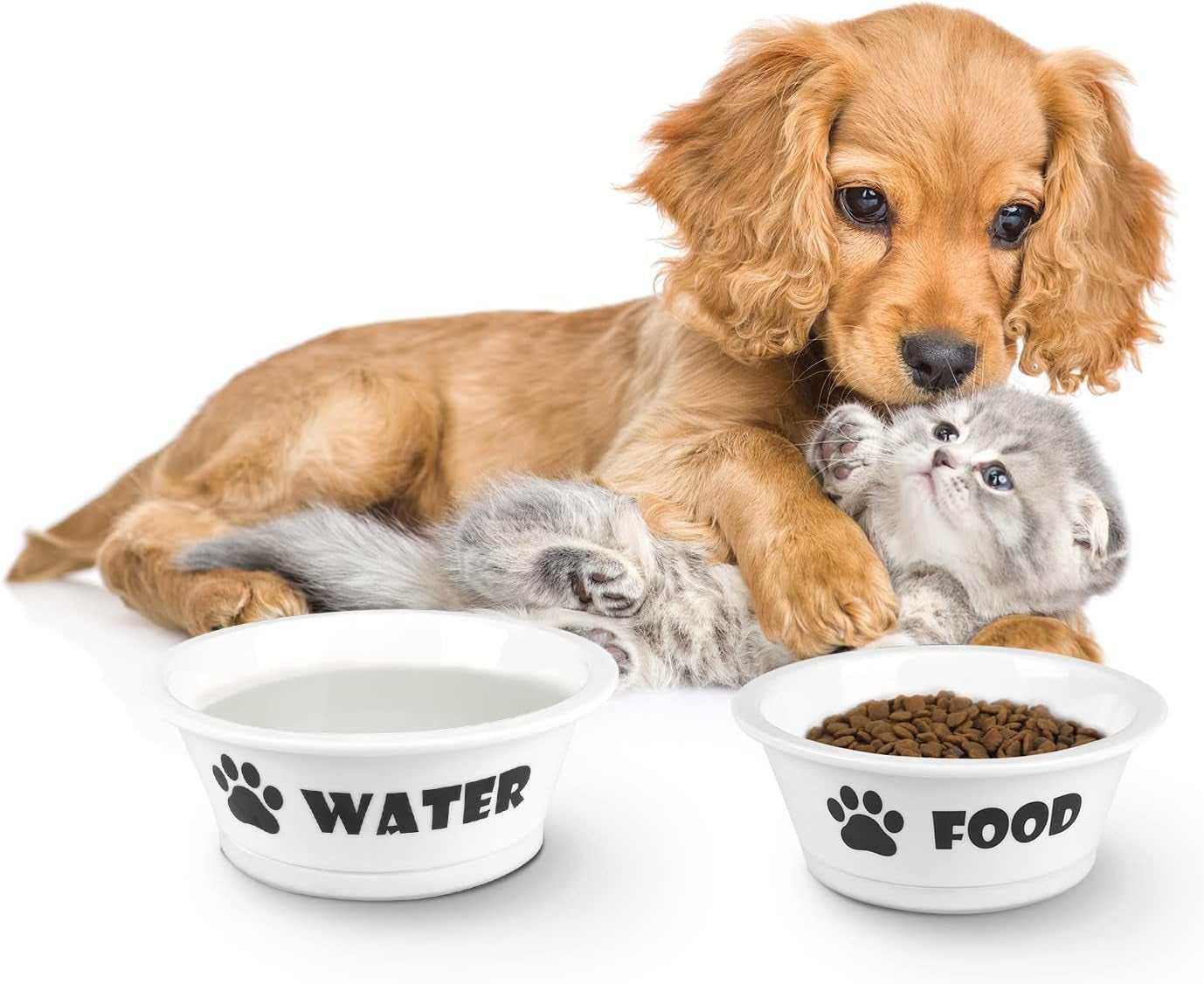 Set of 2 Ceramic Dog Cat Bowl Set, Pet Porcelain Food and Water Feeder Dish Bowls with anti Slip Band, Dishwasher and Microwave Safe (Small)